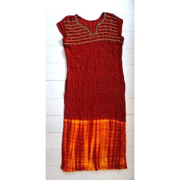 Indian Red Kurti Dress with Gold Embroidery & Tie-Dye Hem - Size M (6/8) - Picture 1 of 3